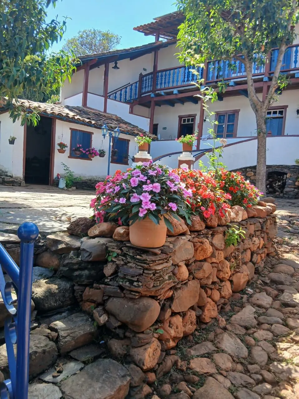 Fachada com vasos de flores coloridas